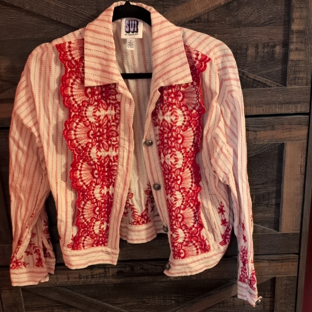 Anna Sui Red and White Embroidered Top